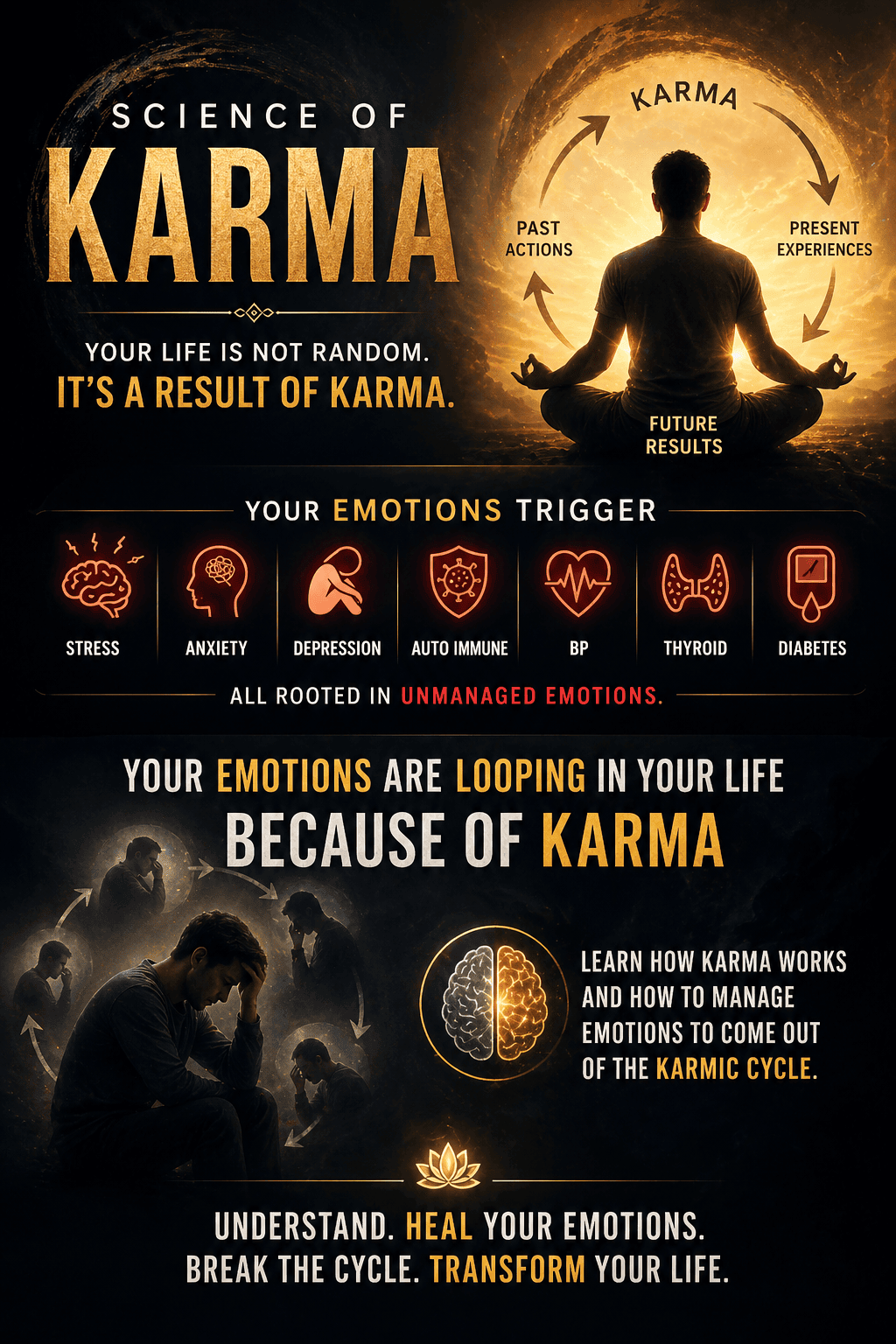 Science of Karma — Live workshop poster: emotions trigger stress, anxiety, depression — all rooted in unmanaged karma